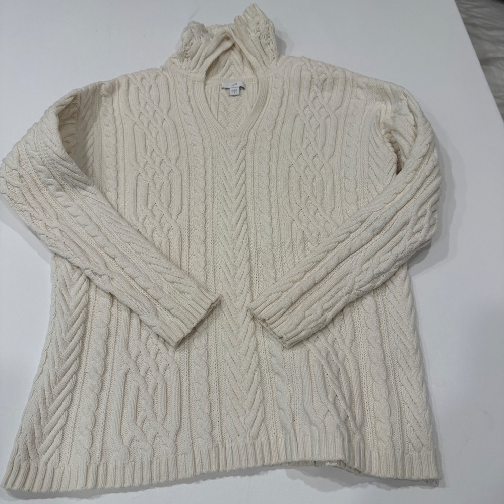 J. Jill Womens Ivory Cable Knit Mock Neck V-Neck Sweater Cotton Blend Cream S